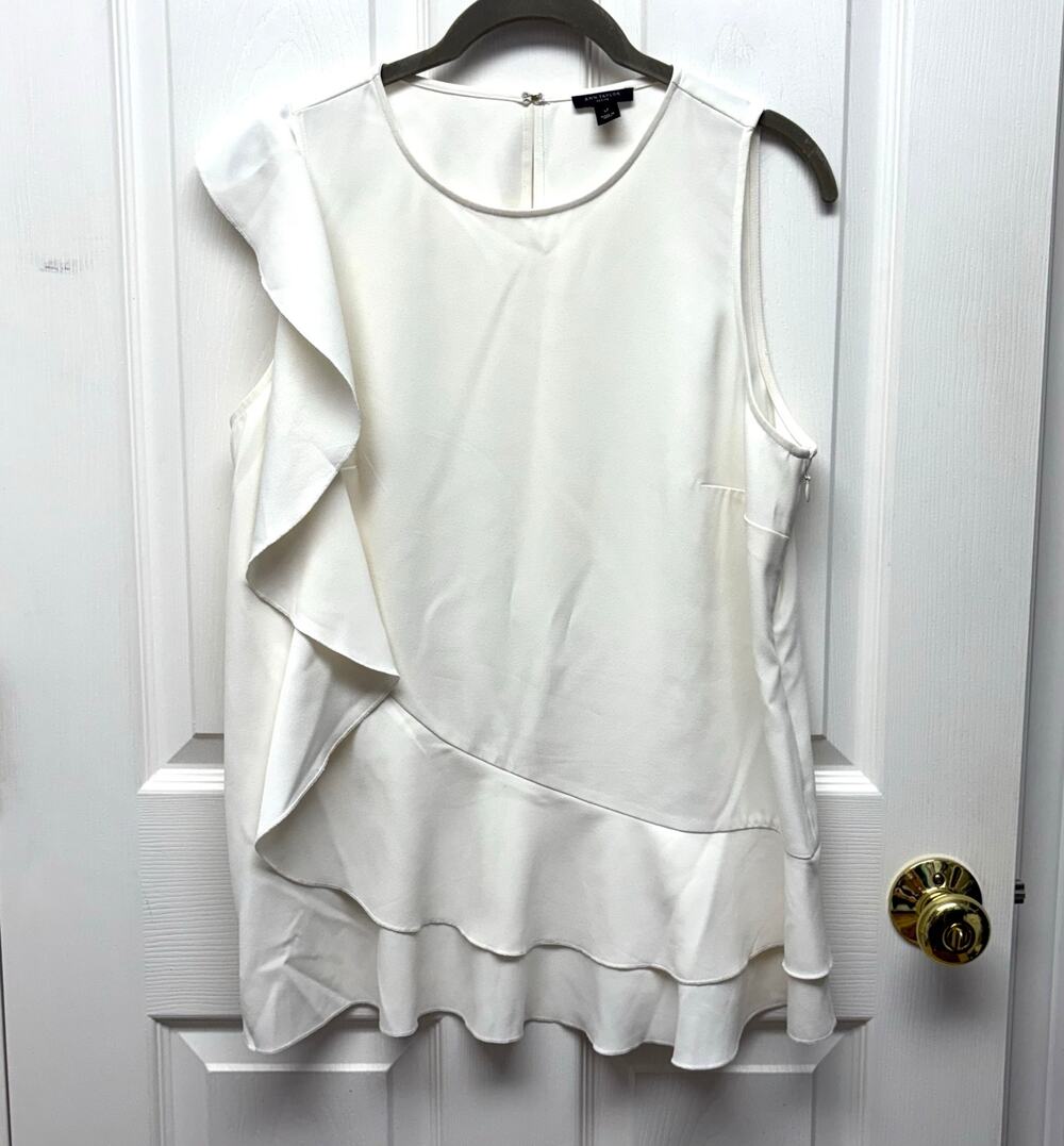 Ann Taylor Blouse Ruffle Cream Asymmetrical Tunic, Off White Women's Size LP